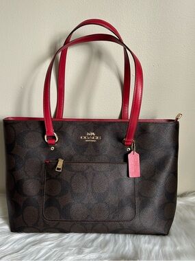 Coach Gallery Tote Signature Canvas Brown Red Leather CC070 Shoulder Bag